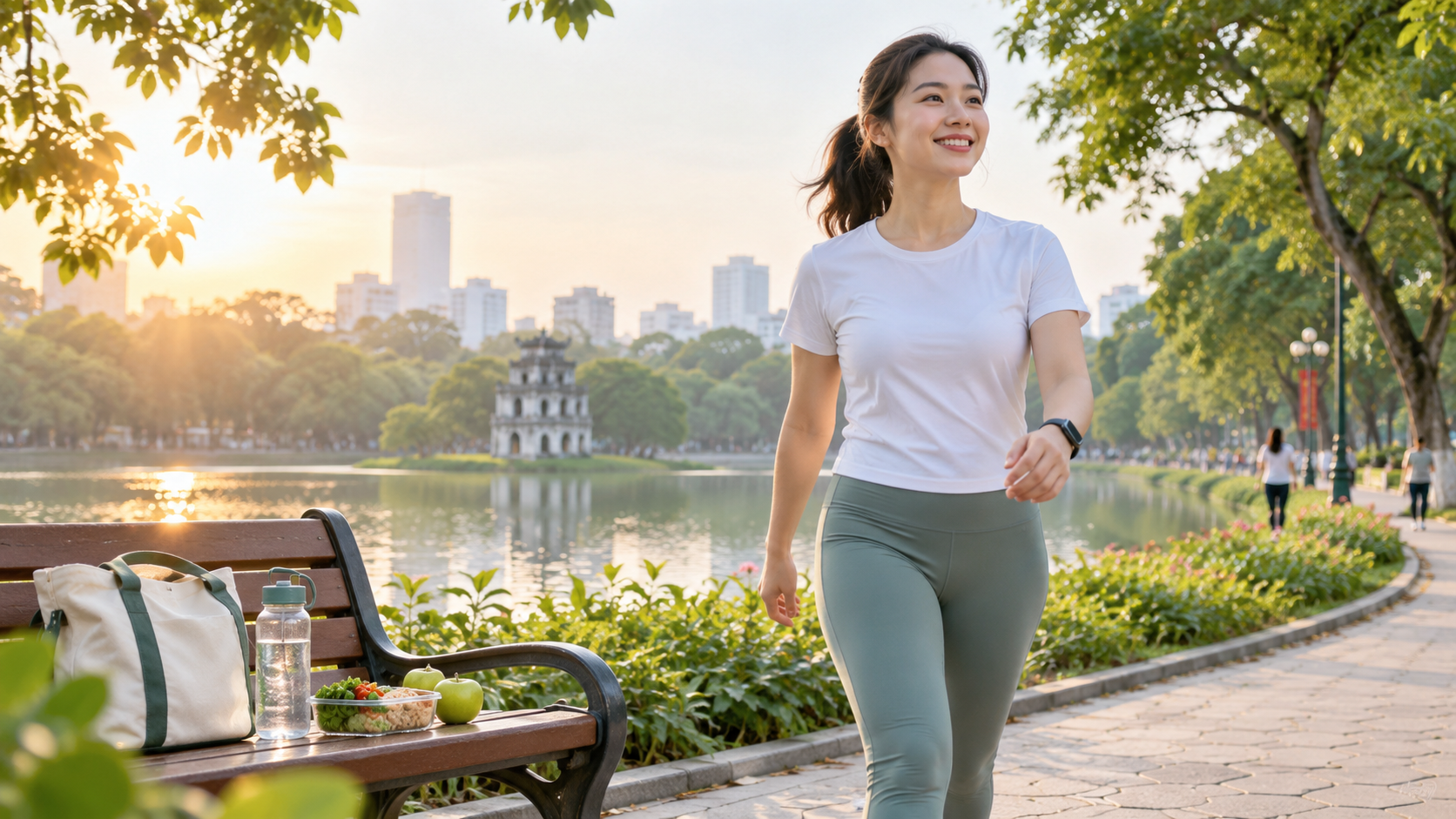 Người phụ nữ đi bộ trong công viên theo kế hoạch giảm cân an toàn