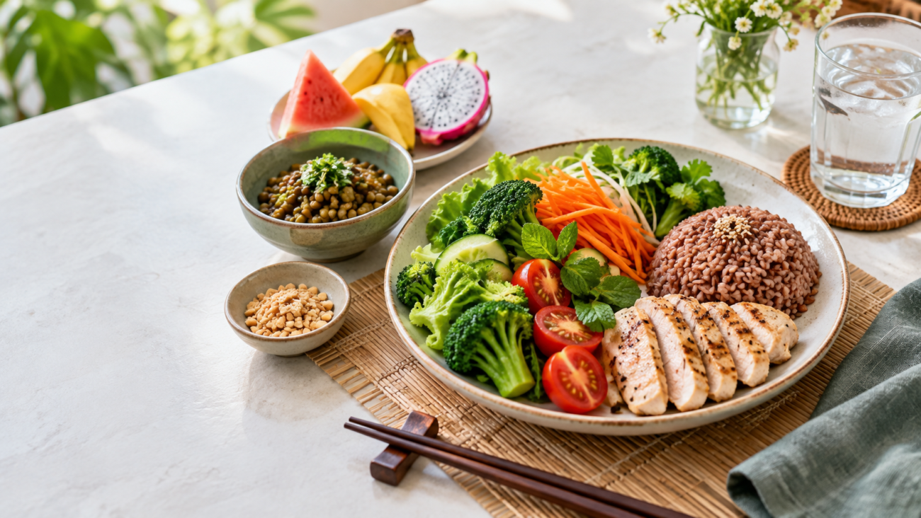 Bữa ăn Việt Nam cân bằng với rau, đạm và ngũ cốc nguyên hạt